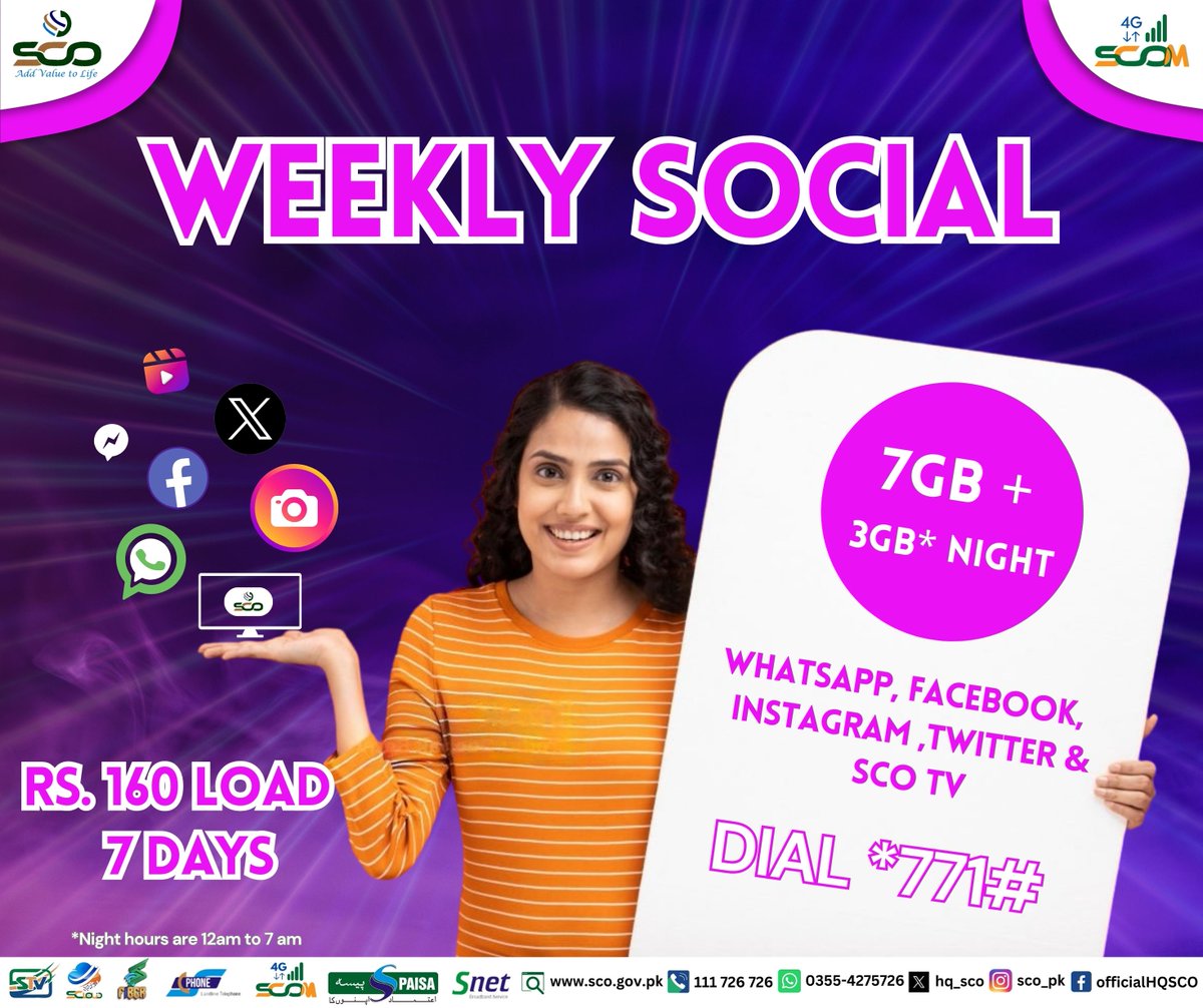 hq_sco's tweet photo. Don't miss out on our weekly social offer📢
Get a total of 10GB data (7GB + 3GB* Night) for just Rs 160.📱💻 
Stay connected on WhatsApp, Facebook, Twitter, Instagram, and enjoy streaming on Sco TV for 7 days. 📺 
#stayconnected #amazingdeals #SCOM #mobilepackages #4G #DigitalPakistan #AJK #GB #gilgitbaltistan #ActivateNow #Subscribe #connected