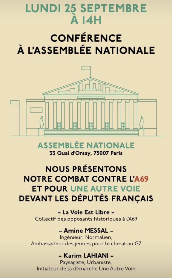 Anne_Stambach's tweet photo. Aujourd’hui, deux RDV contre l’#A69 ! 

👉 À l’Assemblée nationale pour une présentation du projet alternatif Une autre voie par @LaVoieEstLibre_. 
👉 À Paris et à Toulouse des rassemblements en soutien à @BrailThomas et aux grévistes de la faim.

On ne lâche rien face à l’A69 ! https://t.co/ktjvw78dMI