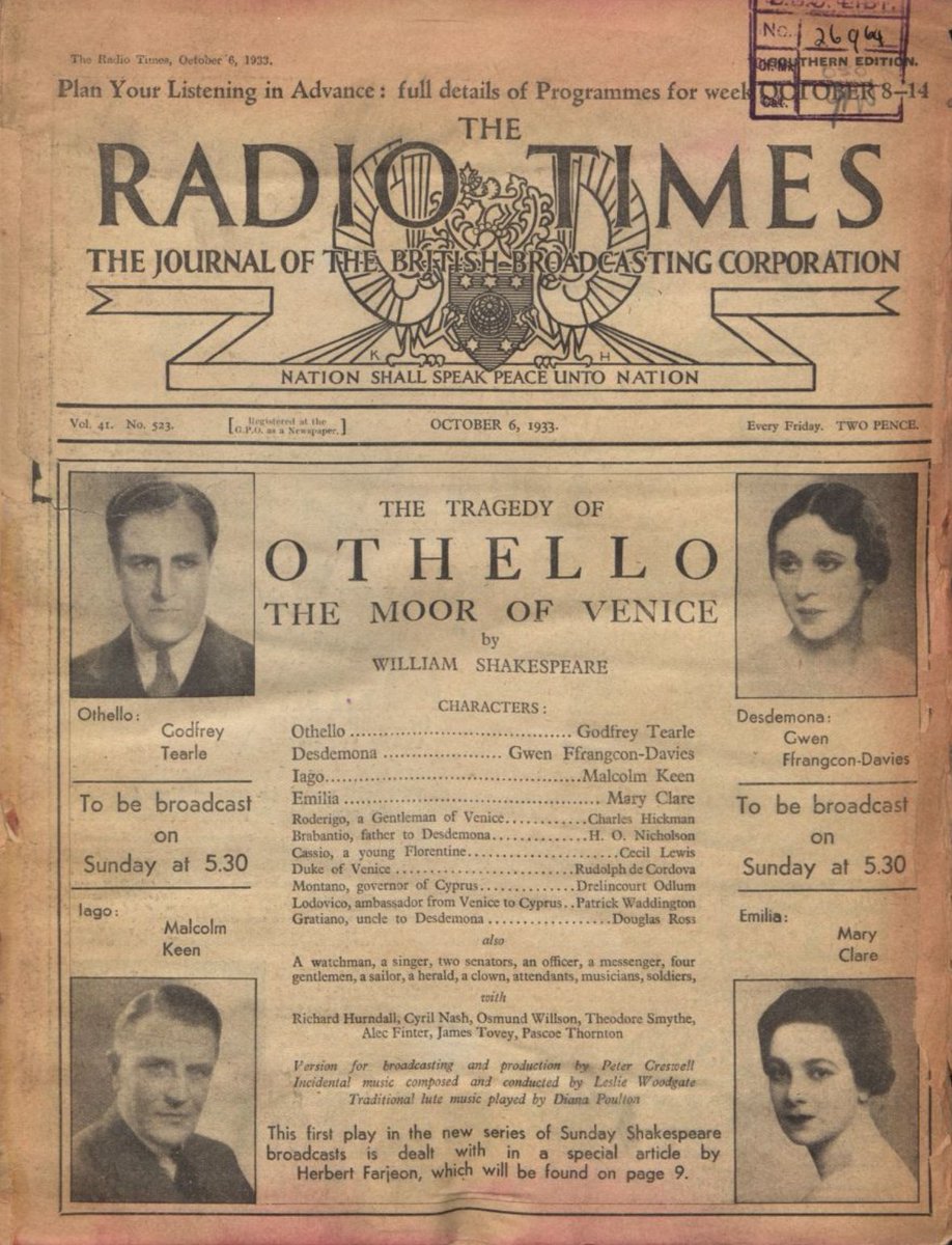 The <a href="/RadioTimes/">Radio Times</a> celebrates its centenary this week. Radio productions of #Shakespeare's plays have frequently featured on the cover, so here's a short thread of my favourites... starting with some of the earliest from the 1920s &amp; 30s (1/4)
#RadioTimes100 #RT100 #RadioDrama