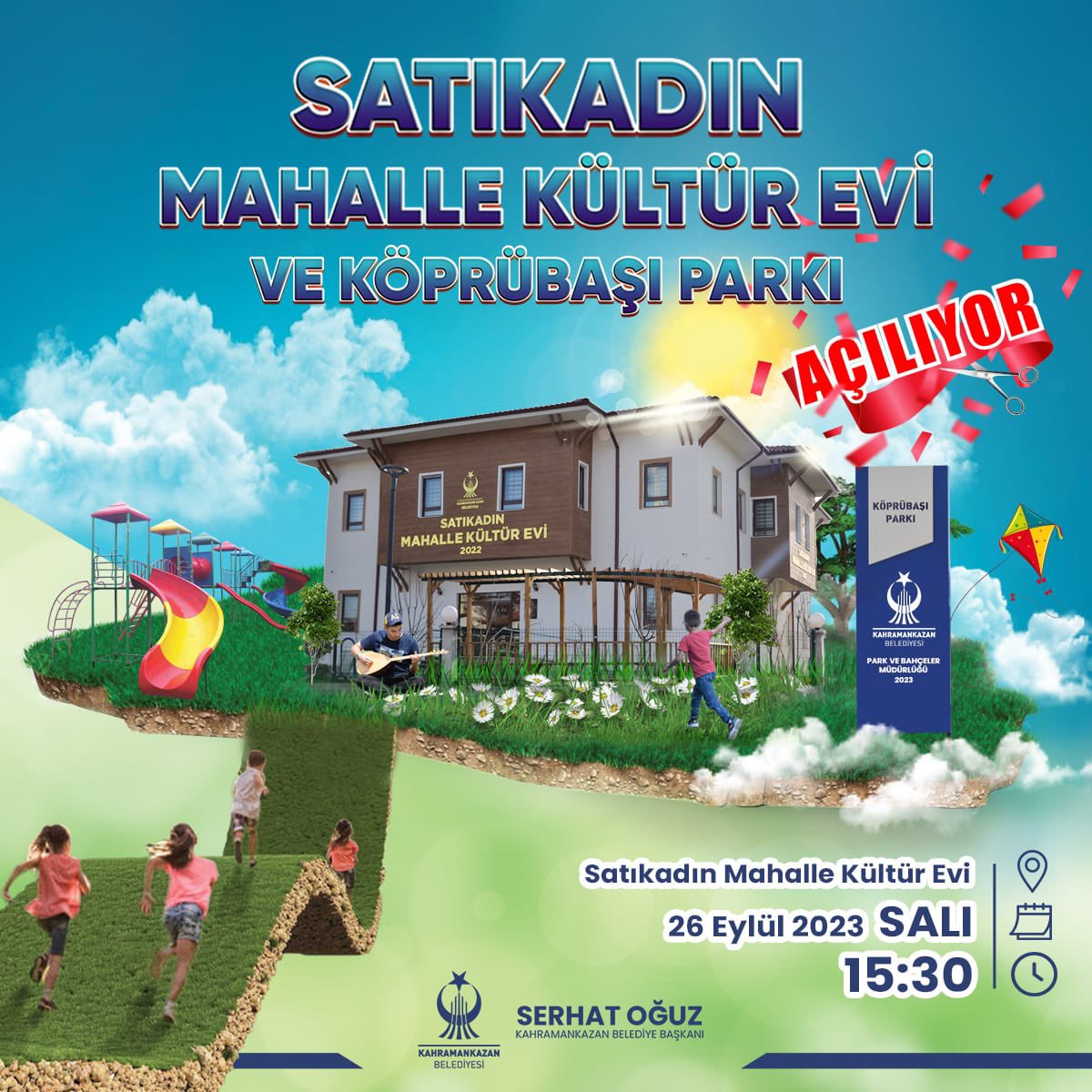 kazan_belediye's tweet photo. Açılışlarımıza devam ediyoruz.🎉

Başkanımız Serhat Oğuz’un da katılımlarıyla, 
📍Satıkadın Mahalle Kültür Evi / Köprübaşı Parkı açılış törenimize tüm halkımız davetlidir.
Genç, öncü ve örnek belediye #Kahramankazan 💙
@serhatoguz06 https://t.co/OFiZqvqtEQ