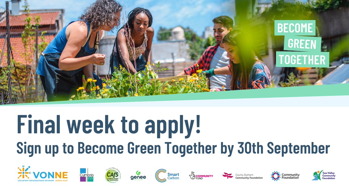 It's the final week to apply to Become Green Together! We all have a part to play in tackling the climate crisis, and we're here to help you start 🌿 All VCSE orgs in the North East and Cumbria can join. Find out more and apply by the 30th September: goinggreentogether.org/become-green-t…