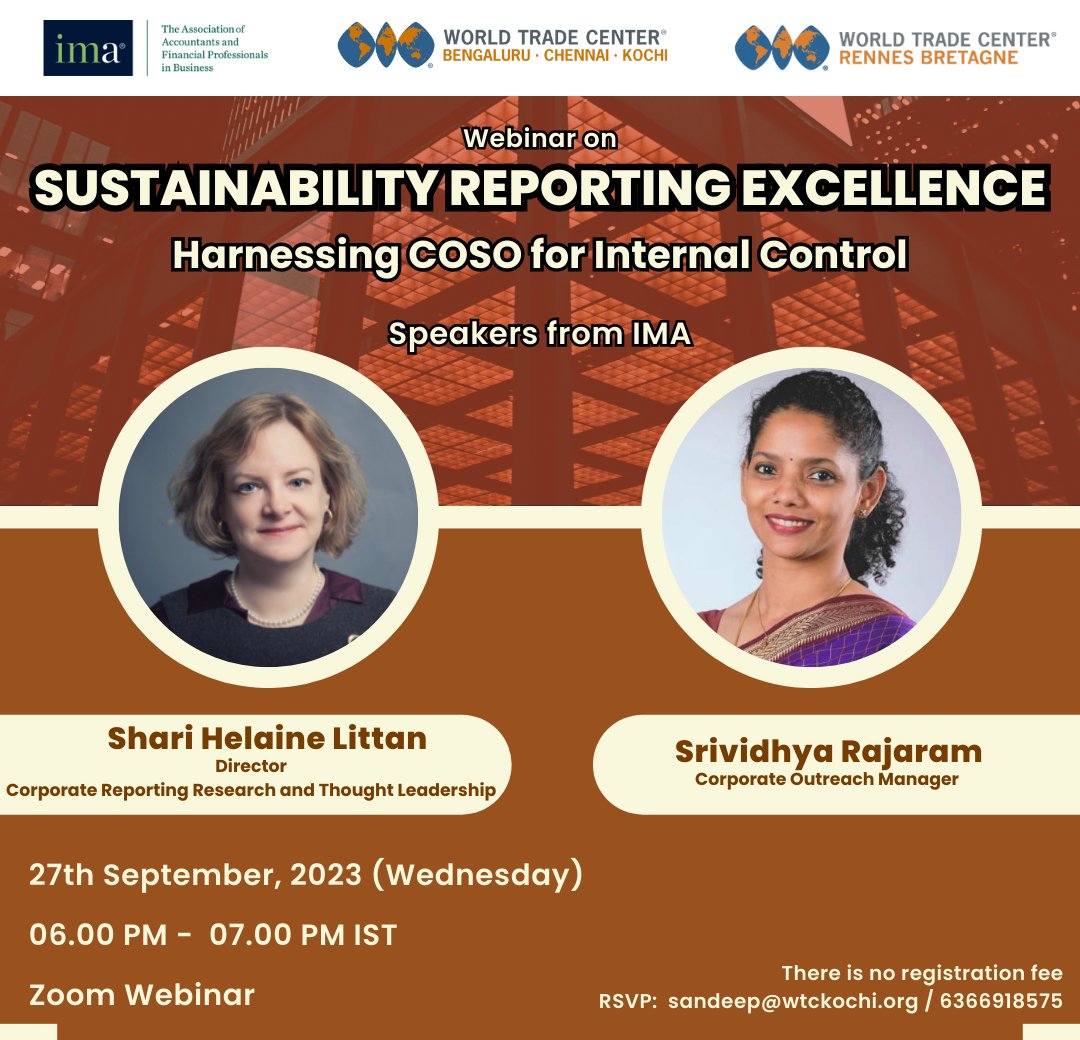 Happening on Wednesday. Learn how to attain sustainable growth through modern accounting while preserving our planet's resources, and master COSO's Internal Control Framework for Sustainability. #coso #esg  To register - us06web.zoom.us/webinar/regist… <a href="/IMA_News/">IMA</a> <a href="/WTCbretagne/">WTC Rennes Bretagne</a>
