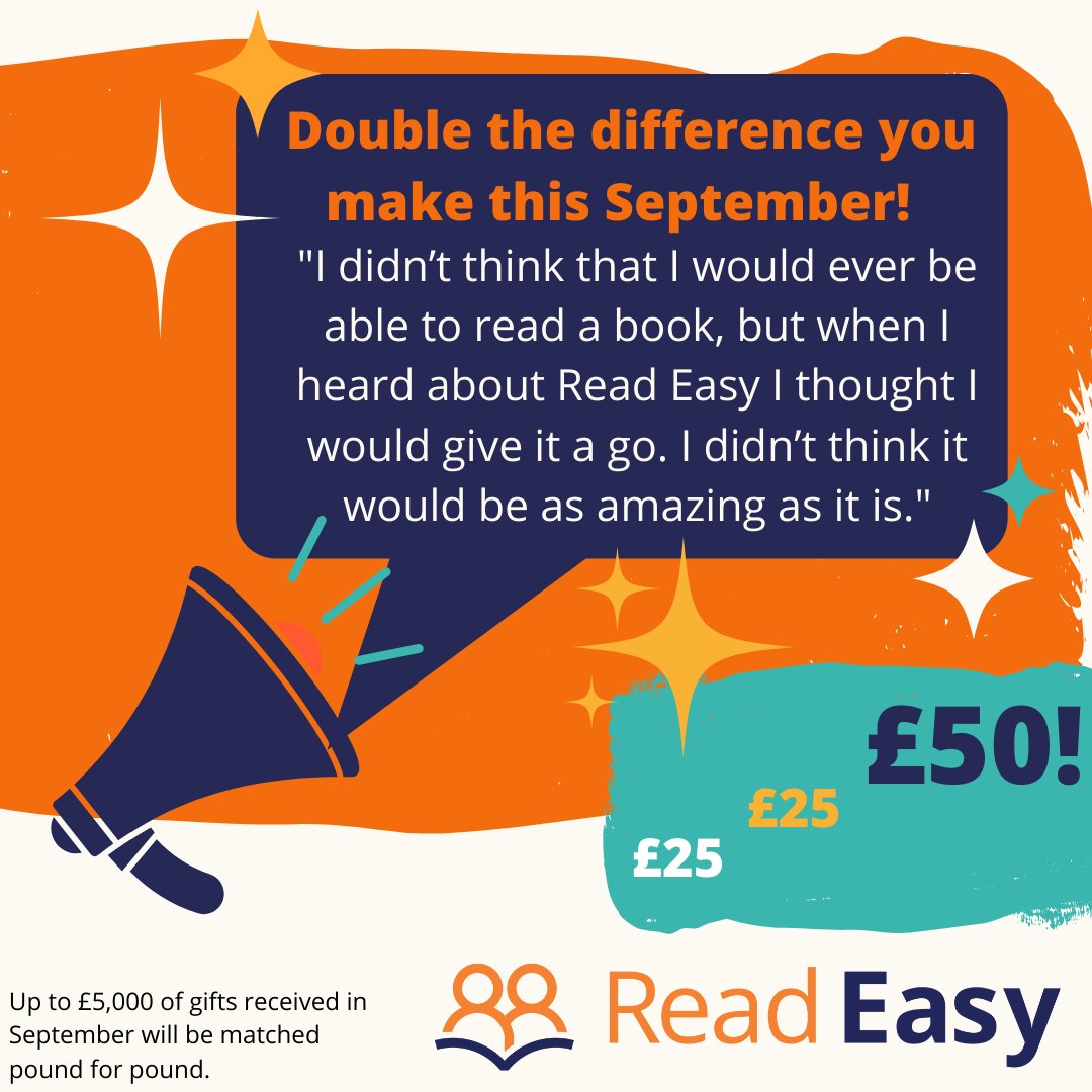 ReadEasyUK's tweet photo. ๐งกDouble the difference you make ๐งก When you donate to Read Easy in September, we'll double your donation! Please help us to transform the life of an adult who can't read ๐๐
https://t.co/J5XDbuVw7y
#ReadEasyWorks #MyReadEasy #ReadEasyUK #AdultLiteracy #Literacy #LearnToRead https://t.co/Hk3ouxqALc