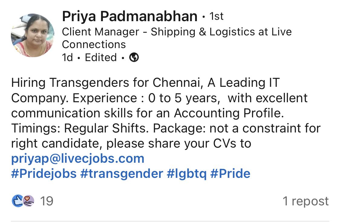 AnithaChelliah's tweet photo. #jobsfortransgender #chennaijobs #accountantposition https://t.co/jVoWplFBjl