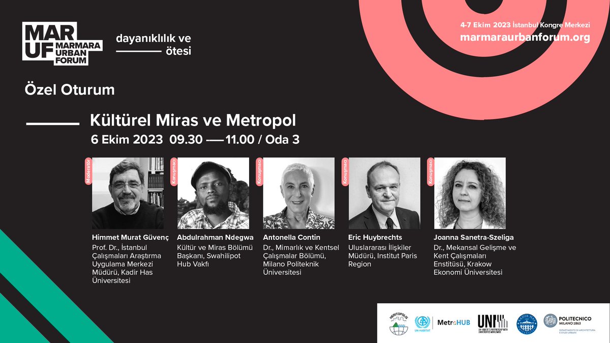 4-6 Ekim tarihlerinde düzenlenecek Marmara Uluslararası Kent Forumu'nun 6 Ekim tarihli "Kültürel Miras ve Metropol" başlıklı oturumunda, bölümümüz hocalarından Prof. Dr. H. Murat Güvenç oturum başkanı olacak.

Etkinlik hakkında ayrıntılı bilgi için👇
marmaraurbanforum.org