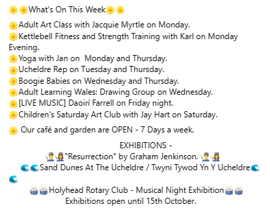 #WhatsOnThisWeek #AdultArtClass #Yoga #KettlebellFitness #UcheldreRep #BoogieBabies #AdultLearningWales #DaoiriFarrellMusic #LiveMusic #ChildrensArtClub