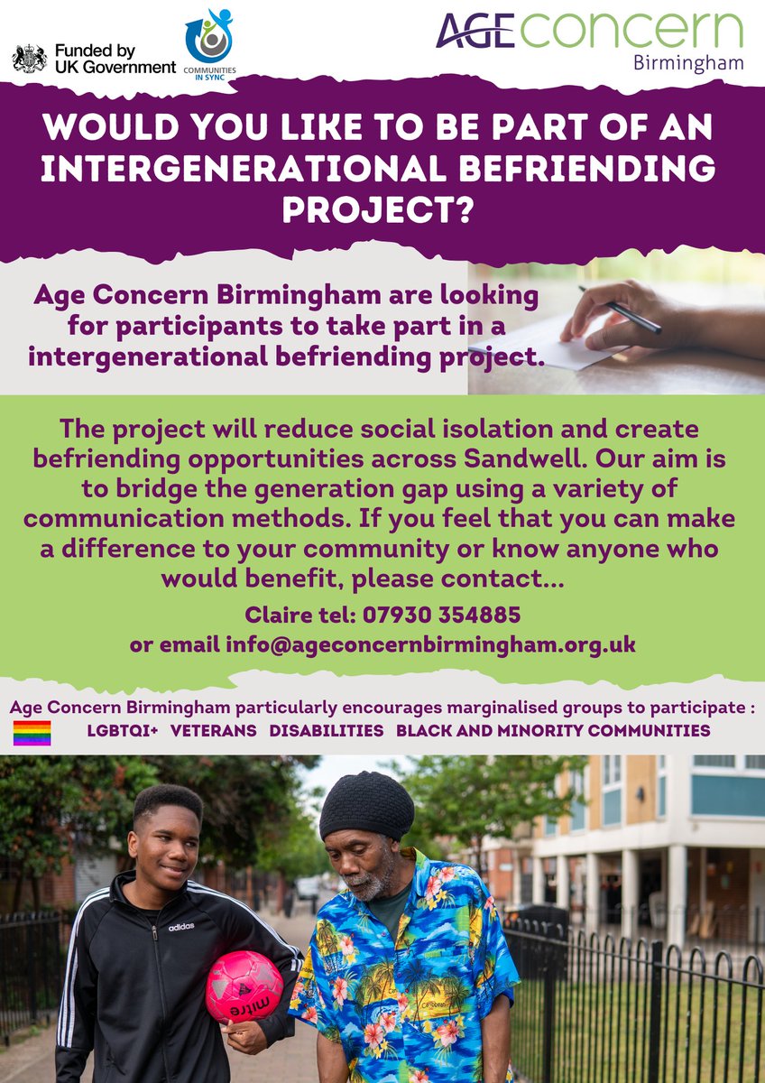 Age Concern Birmingham's new Sandwell based #intergenerational Project aims to bridge the gap between younger and older adults, creating #volunteering opportunities and #MakeADifference to people’s lives. In collaboration with @commsinsync and funded by UK Shared Prosperity Fund.