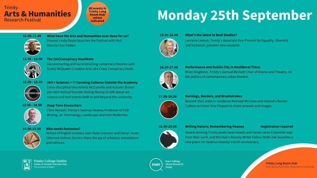 TLRHub's tweet image. 🥳The Trinity Arts &amp;amp; Humanities Research Festival begins today!🥳

🔍Come and explore what the arts and humanities have in store for you.

👀See the full programme here: tinyurl.com/TcdAHFest

#TcdAHFest #HubMatters