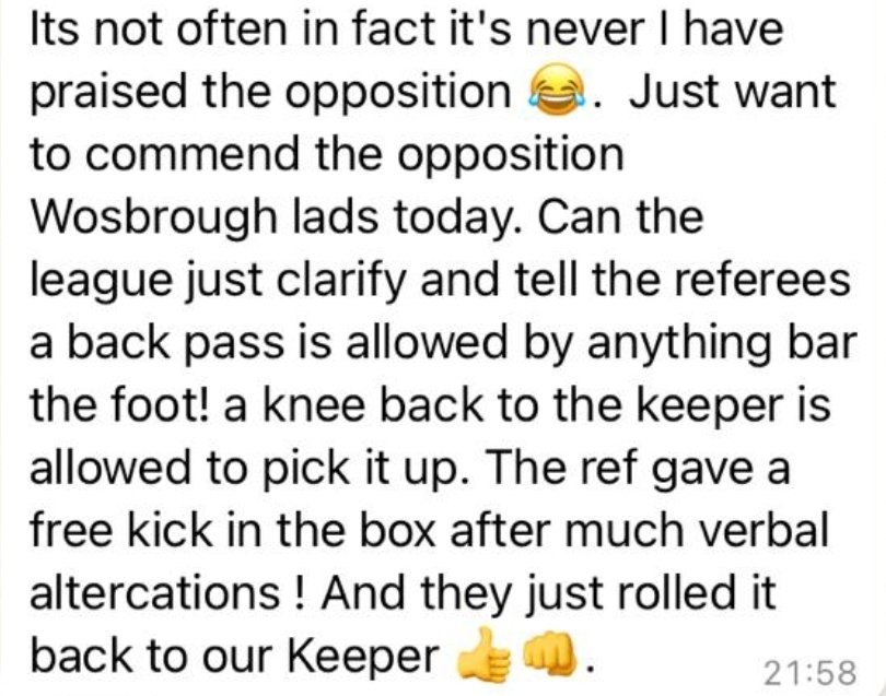 During our <a href="/mhallleague/">Meadowhall Bud Evans DB Sports League</a> game against <a href="/parksteelsfc/">Stocksbridge Park Steels</a> U18s yesterday the referee made an error on the back pass rule. We were 1-0 up &amp; backs to wall but the players observed fair play and proper route rather than ignore the referees error.

Well done to the lads #Fairplay #Respect