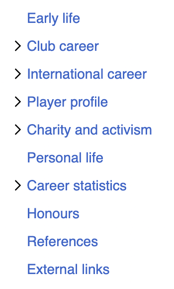 HITCSevens's tweet image. Left: The subheadings on Marcus Rashford's Wikipedia page.
Right: The subheadings on Quentin Letts' Wikipedia page.