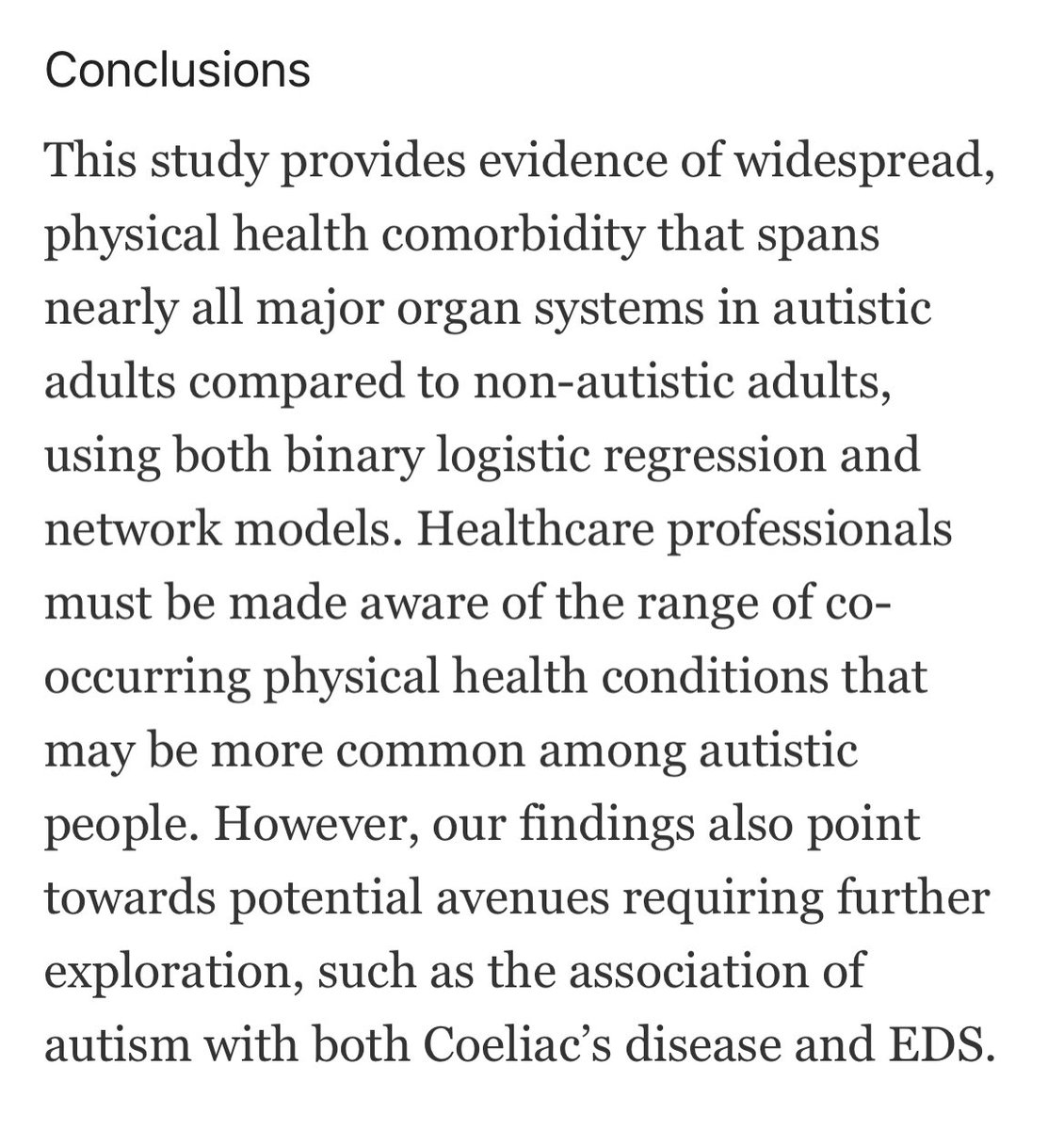 NatureDocHealth's tweet image. This paper by @sbaroncohen who is the head autism honcho at Cambridge, is pointing towards an association of autism with Coeliac Disease (autoimmune reaction to gluten) and Ehlers Danlos Syndrome (hyper mobility and pain) - finally some recognition of co-morbidities that go…