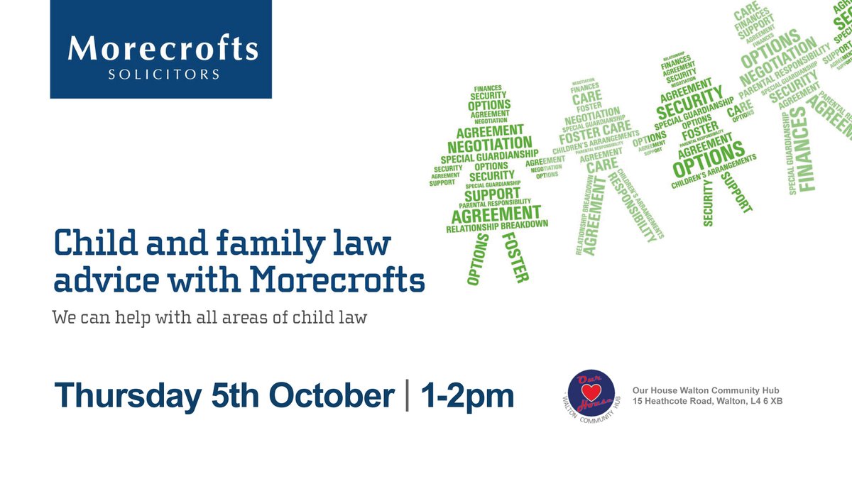 Morecrofts's tweet photo. If you need help with #FamilyLaw matters - drop in to our next free clinic. We can help with child protection matters, care proceedings, child arrangement orders, Legal Aid questions + more.

📅 Thursday 5th Oct 
📍 15 Heathcote Rd, Liverpool L4 6XB
 🕐 1-2pm https://t.co/gM0t153nqk