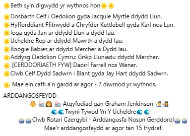 #BethSynDigwyddYrWythnosYma #DosbarthCelfIOedolion #Ffitrwydd #Ioga #UcheldreRep #BoogieBabies #AddysgOedolionCymru #MiwsigFyw #CelfiBlant