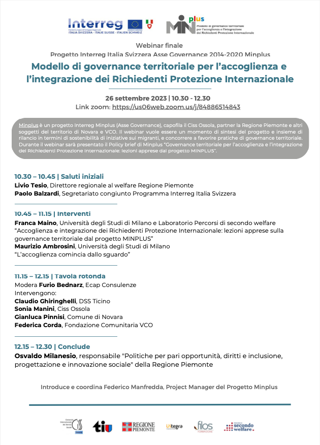 Secondowelfare's tweet photo. Domani alle 10.30 in diretta su Zoom ci sarà l'evento finale del progetto #MINPLUS su un tema attualissimo: la governance territoriale per l’accoglienza e l’integrazione dei Richiedenti Protezione Internazionale.
🗓️ https://t.co/izzXtaei1t
#Agenda2W @takethedate https://t.co/NkJtFbdAtd
