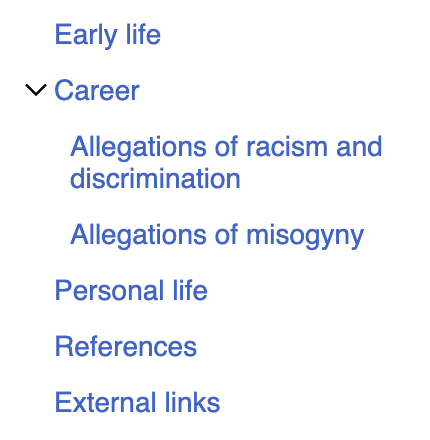 HITCSevens's tweet image. Left: The subheadings on Marcus Rashford's Wikipedia page.
Right: The subheadings on Quentin Letts' Wikipedia page.
