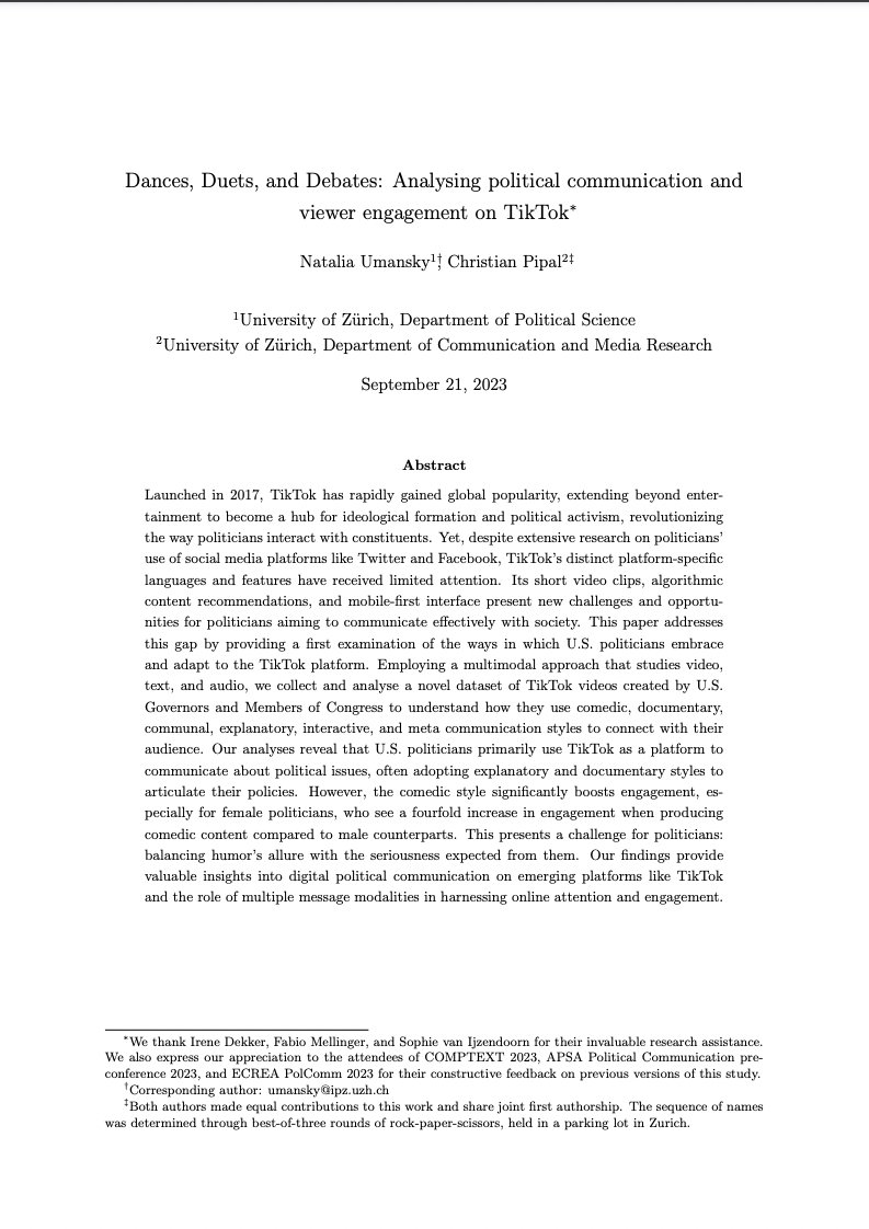 Very happy to share this new pre-print! @christianpipal and I explore how politicians employ TikTok to communicate with society: doi.org/10.31219/osf.i…