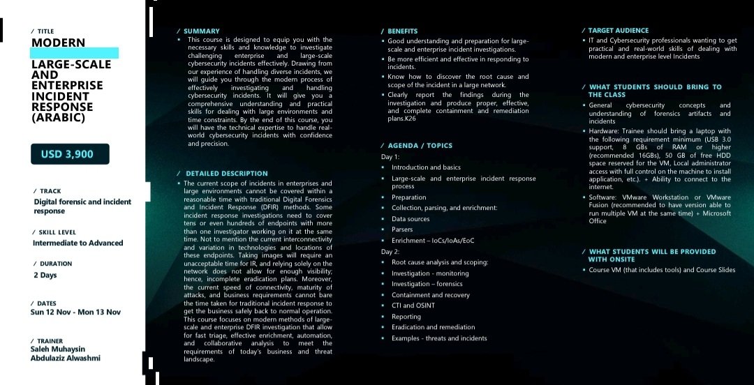 <a href="/saleh_muhaysin/">Saleh Muhaysin 🇸🇦</a> and I will be presenting an advanced incident response course at #blackhatmea where we will cover the modern methods of responding to large-scale and enterprise incidents.
blackhatmea.com/trainings-list…