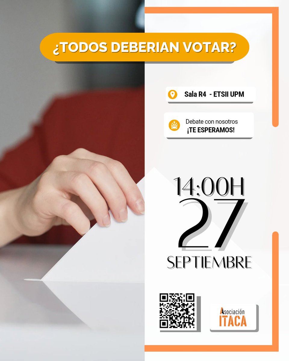¿Todos los votos deberian valer lo mismo? ¿Hay que modificar la edad mínima? ¿Debería existir una edad máxima para el derecho al sufragio? 

Acompañanos a debatir sobre  nuestro sistema de votación. 🗳🇪🇸

¡Te esperamos!

📅: Miercoles, 27 de septiembre 
📍: Sala R4
🕑: 14:00
