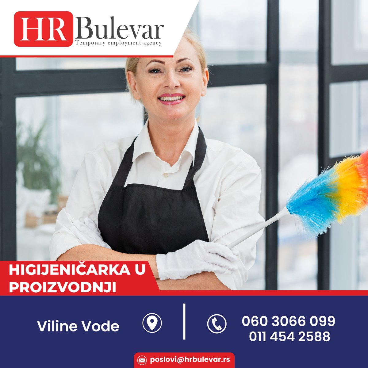HRBulevar's tweet photo. U potrazi smo za kandidatom koji bi radio na ✔️poziciji:    Higijeničarka u proizvodnji.
Prijave kandidata u toku. Pozovi na telefon:☎️011/454-25-88, 060/3066-099, za više detalja o opisu posla saznaj na 🌐linku: 
https://t.co/Y4CLTkSINq 
#workers #posao #oglasizaposao #prijava https://t.co/hEUi3qpfXs
