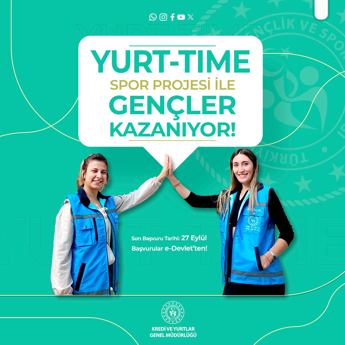 GSB_KYGM's tweet photo. Haydi başvuru zamanı!⏰

Yurt-Time Spor Projesi başvuruları başladı. Kütüphane, genç ofis, eğitim asistanlığı gibi 26 farklı alanda görev alan gençler, sporu da mesailerine katarak hem sorumluluk alıyor hem de para kazanıyor.🤓

📢Son gün 27 Eylül❗

https://t.co/rbD0c523Fm https://t.co/R7hmTnkkkg