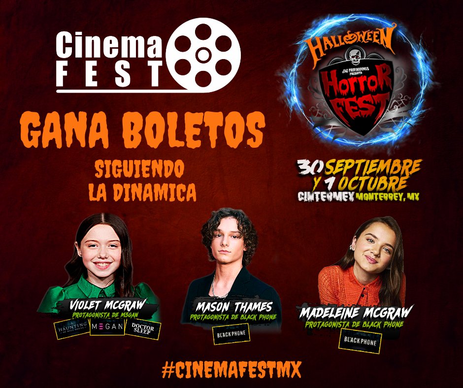 cinemafestmx's tweet photo. Ve a nuestro Facebook para ganar boletos. 👻👹😈🤡💀🧟‍♂️

#cinemafestmx #horrorfestmty #terror #halloween #cintermex #monterrey 
@HorrorFest_Mty https://t.co/kvWHQe3a4c