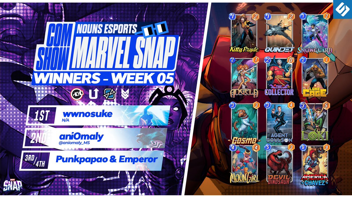 Our Nouns ComShow: Marvel SNAP Week Five victors have been crowned - congratulations!
🏆wwnosuke
🥈<a href="/aniomaly_MS/">aniOmalY</a>
🥉Punkpapao &amp; Emperor

Introducing the winning deck by wwnosuke!

The first two winners will receive an exclusive one-month subscription to untapped.gg!