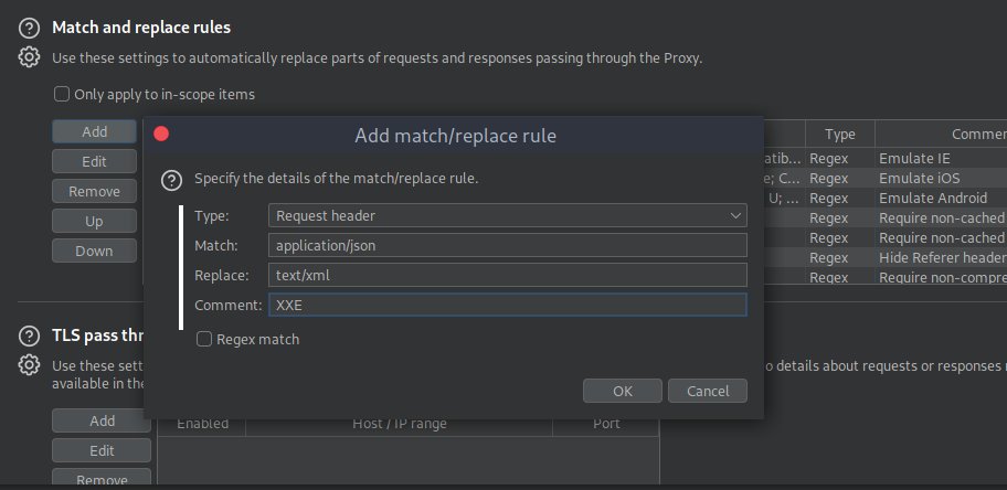 XXE! Automate or search for it manually? 🤔

⚡️ An easy quick tip that can land you an XXE:

In your proxy interceptor, add a match&amp;replace rule to change content type "application/json" to "text/xml"

All you have to do now is look for XML parsing errors 😎