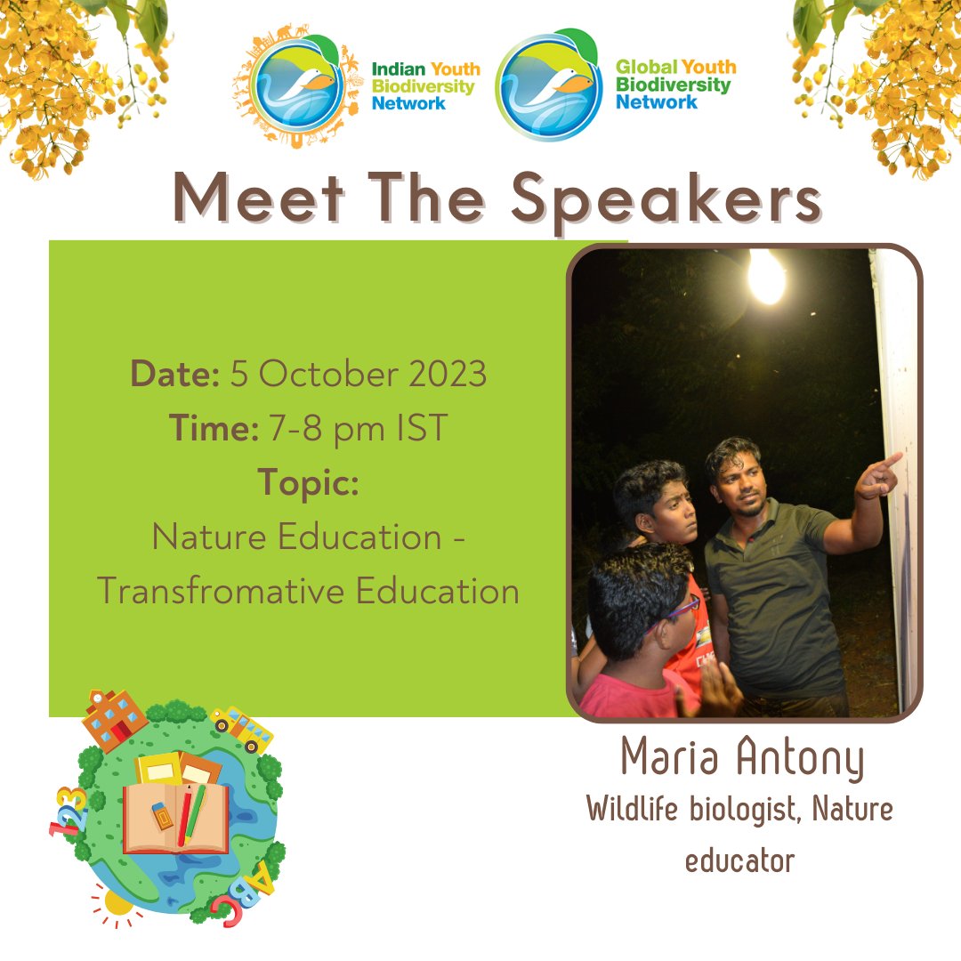 GYBN_India's tweet photo. Meet our next amazing speaker for Day 2! 🦗☘️

Mr. Maria Anthony @tonytwild, who is a wildlife biologist and nature educator. He will talk on one of the most important topics and youth priority - transformative education. 🦋✨

@GYBN_CBD
@UNBiodiversity @VikalpSangam @atree_org https://t.co/ctlAMEpFrm