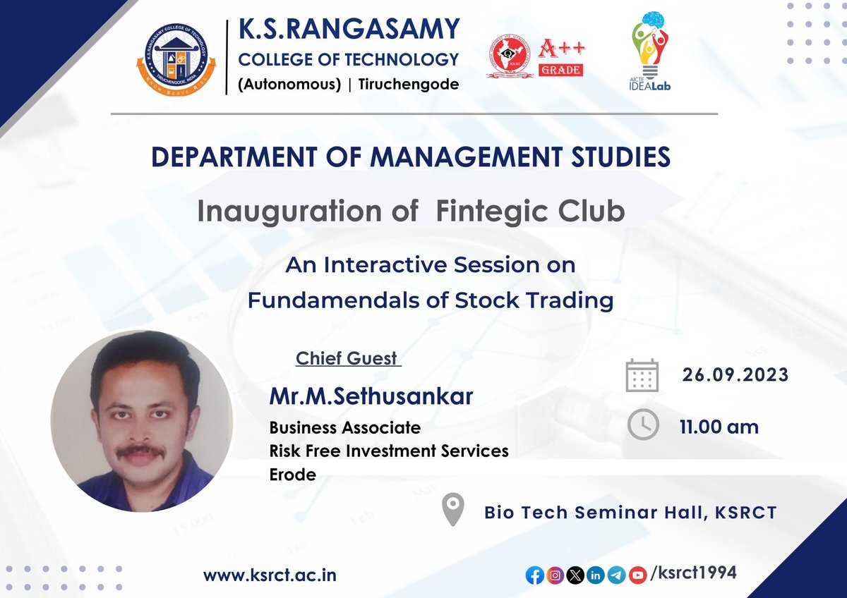 K.S.Rangasamy College of Technology, Department of Management Studies inaugurating the Fintegic Club (Finance club) on 26.09.2023 at Biotech Seminar Hall.