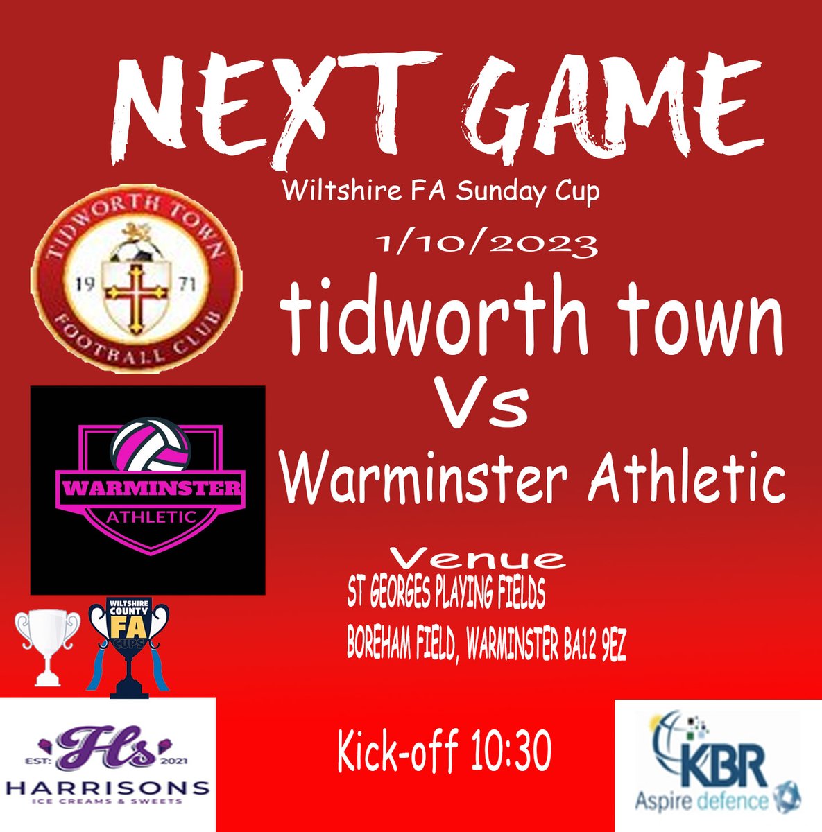 Next up for us is the @WiltsCountyFA Sunday cup. @NJFranks1 and his reigning champions face #WarminsterAthletic this Sunday. Come and give the boys your support Match Details Venue St Georges Playing Fields Warminster BA12 9EZ Kick-Off time 10:30am