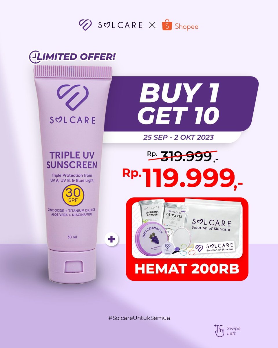 solcare_id's tweet photo. Seriusan Beli 1 Gratis 10?👀✨

Iyaa bener banget, cuma di Solcare kamu bisa beli 1 produk dapetnya 10!

Langsung cek marketplace kesayangan kalian yaa, karena promonya cuma berlaku dari 25 September - 2 Oktober aja 🙀✨ https://t.co/qooSfm9KJZ