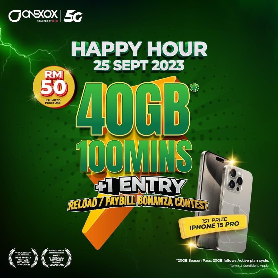onexoxplan's tweet photo. HAPPY HOUR – 25 Sept 2023

Data 40GB*
+ 100 Minit
+ 1 penyertaan Reload &amp; Pay Bill Bonanza

Hanya RM50

Beli melalui:
1. SMS " YES " ke 22111⁣
2. *150# > SeasonPass > HappyHour⁣
3. Black App

Tiada had pembelian.

 📌
*20GB Season Pass.
*20GB mengikut kitaran Aktif plan anda https://t.co/6sNfqz2jQt