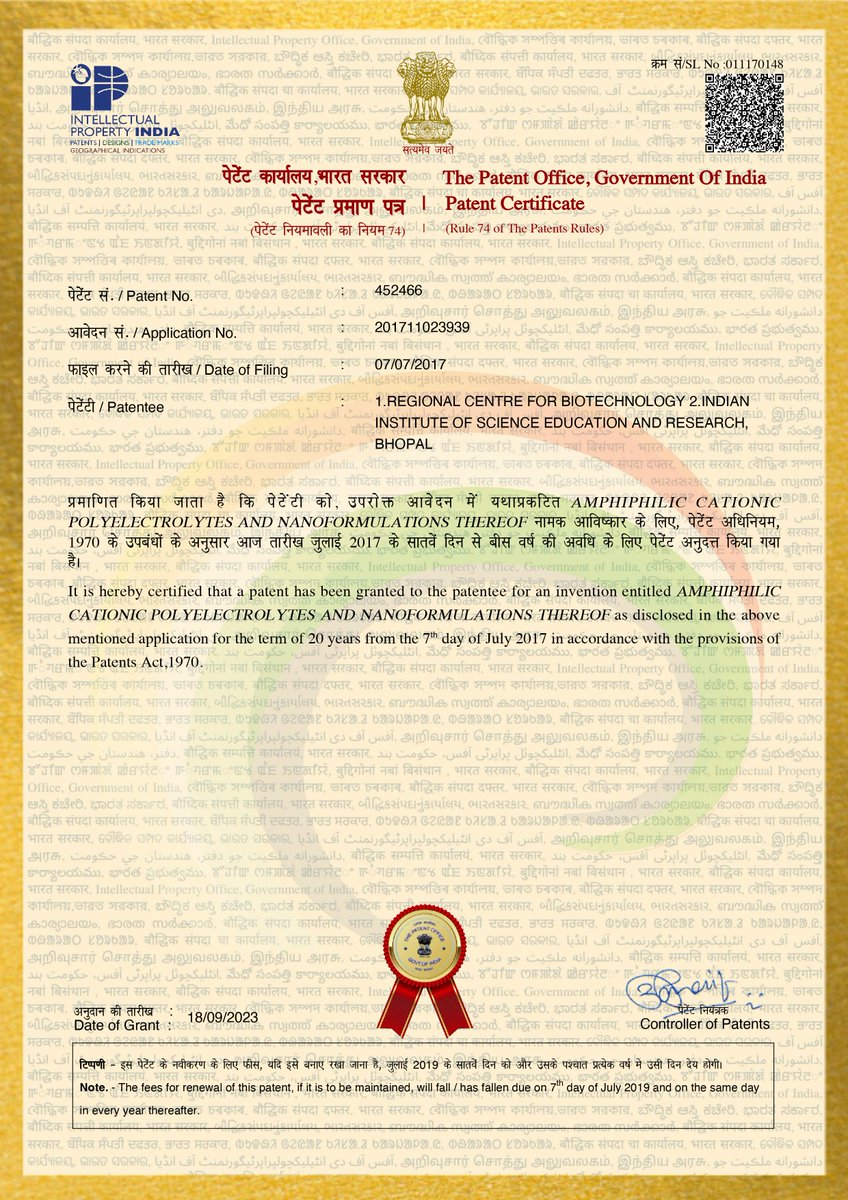 Glad to share the grant of Indian Patent No. 452466 titled ‘AMPHIPHILIC CATIONIC POLYELECTROLYTES AND NANOFORMULATIONS THEREOF' to #IISERBhopal and #RCB Faridabad. Kudos to Avinash Bajaj, Prabhu Srinivas Yavvari, and Aasheesh Srivastava for the invention. 1/5