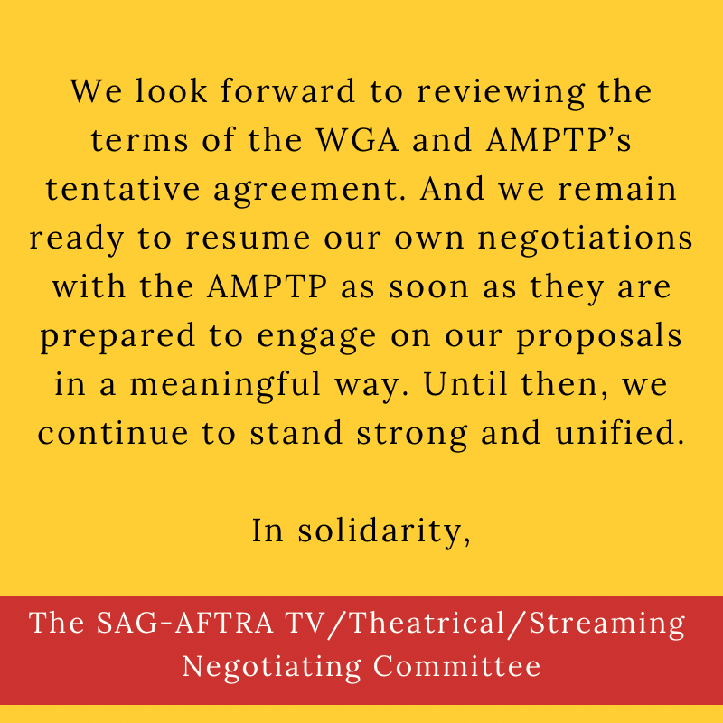 The SAG-AFTRA Negotiating Committee congratulates the WGA Negotiating Committee. A thread... To our fellow union siblings who serve on the WGA Negotiating Committee, we extend our heartfelt congratulations on securing a tentative agreement with the AMPTP. 1/4