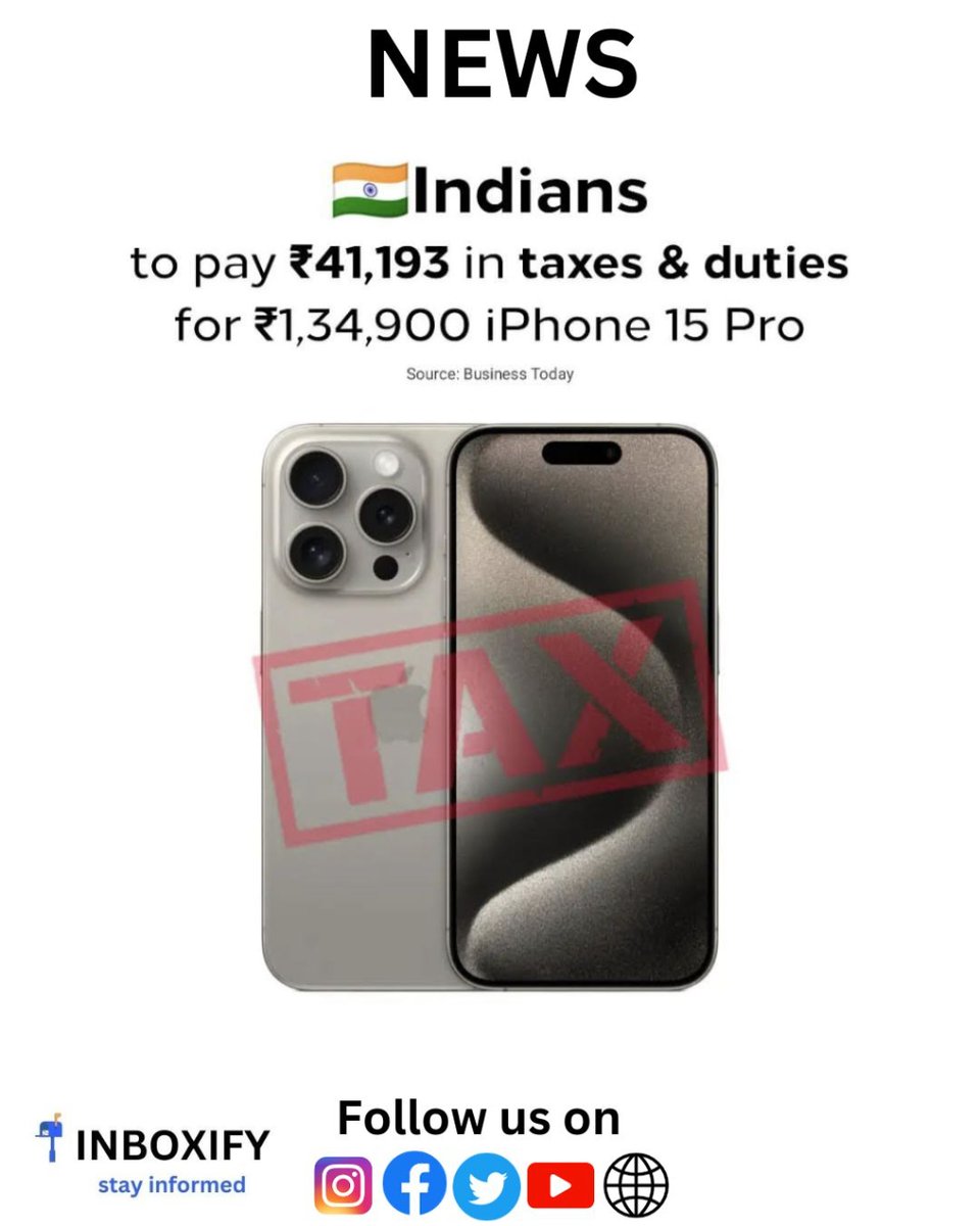 INBOXIFY_NEWS's tweet image. Fully imported iPhones 15 Pro units attract 22% duties and 18% GST 
#inboxify #tech #techinformation #Apple #iPhone15 #ios17 #techinstagram #explore #india #phone #mobilephone #tax #GST