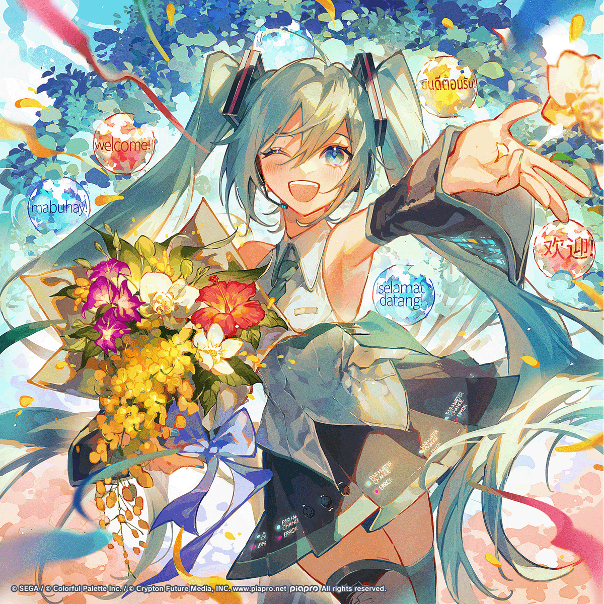 ColorfulStageEN's tweet photo. It's official! 🎉🎉

The South-East Asian HATSUNE MIKU: COLORFUL STAGE! expansion is now live. 📱🎵

Celebrate with a special illustration by @mintificial, featuring the national flowers of five South-East Asian countries 💖

Download and play below 👇👇
https://t.co/D9j7sjcALX https://t.co/Ad0FbqmqAi