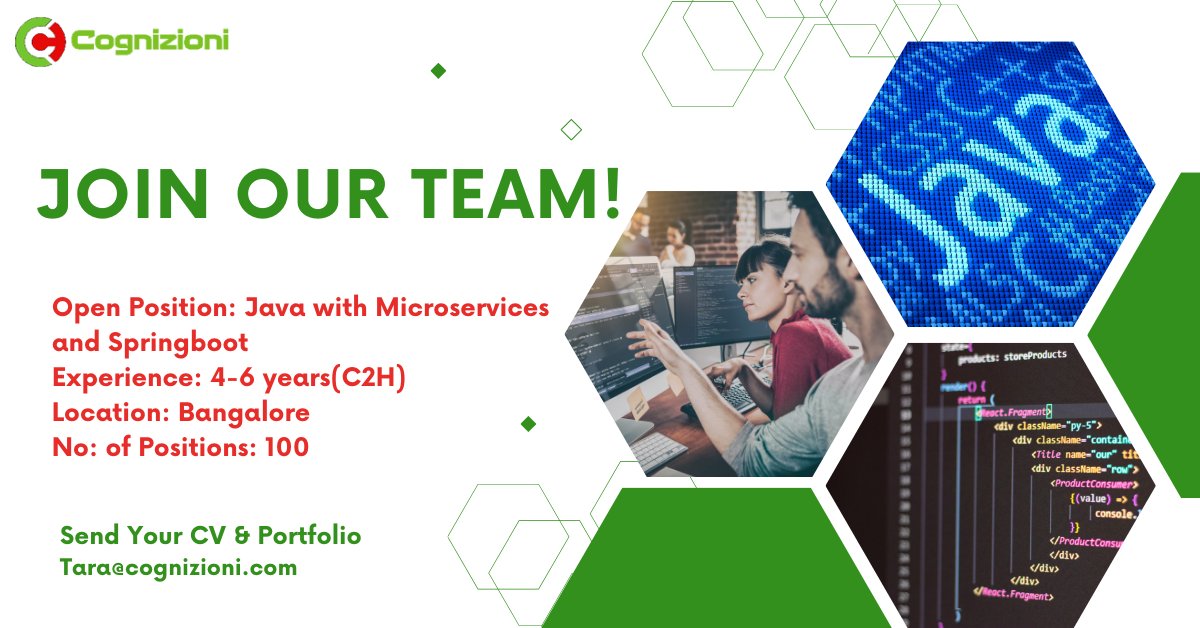 Cognizioni_'s tweet photo. Hi Everyone,
Hiring: Java Backend Developer
Experience: 4-6 years (C2H)
Location: Bangalore
Send your resume to: Tara@cognizioni.com
#hiring #hiringnow #hiringimmediately #hiringalert #java #bangalore #bangalorejobs #applynow #backenddeveloper #sendyourcv #immediatejoiners https://t.co/6m7cBCZhP5