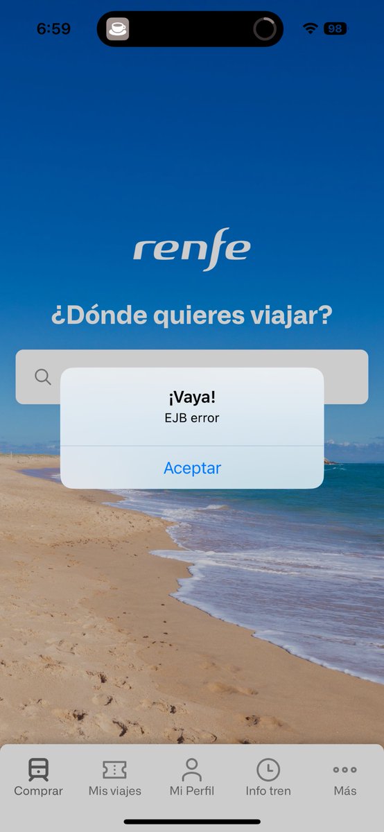 AnaPsyche's tweet photo. @Renfe, desde esta mañana, la aplicación móvil no funciona correctamente y no puedo gestionar mis billetes. ¿A qué se debe este error? https://t.co/qPIBfUminA