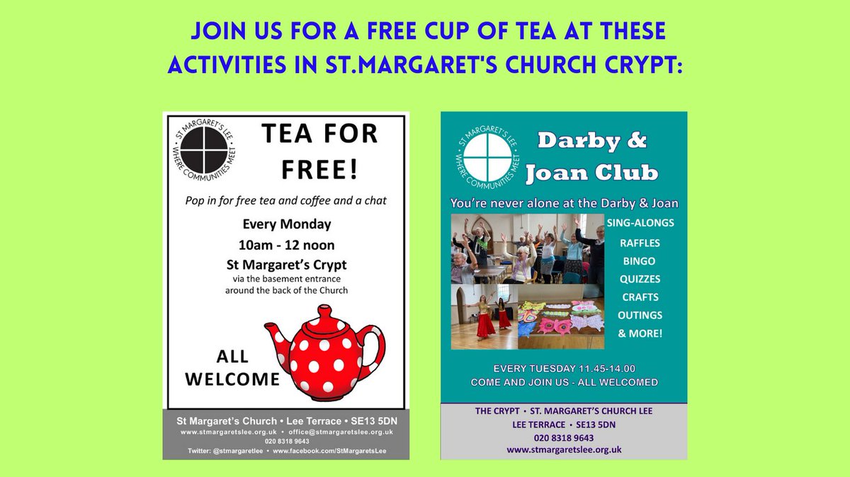 Looking for some company and a free cup of tea? If so then come and join 'Tea for Free' and the Darby &amp; Joan Club in St. Margaret's Church Crypt on Mondays and Tuesdays - see poster for details. #freetea #freecuppa #teaforfree #darbyandjoan #freeactivities #se12 #se13 #retirement