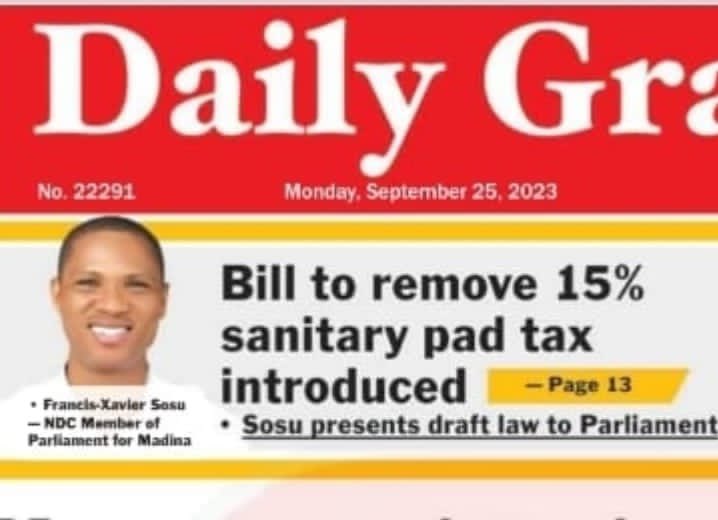 fx_sosu's tweet photo. MADINA_MP 

I have introduced a Private Member's Bill to remove the 15% Value Added Tax (VAT) on sanitary pads as part of my efforts to fight inequality and discrimination against women and young girls. Check the details. 

#SosuCares https://t.co/rEjE5e6Prg
