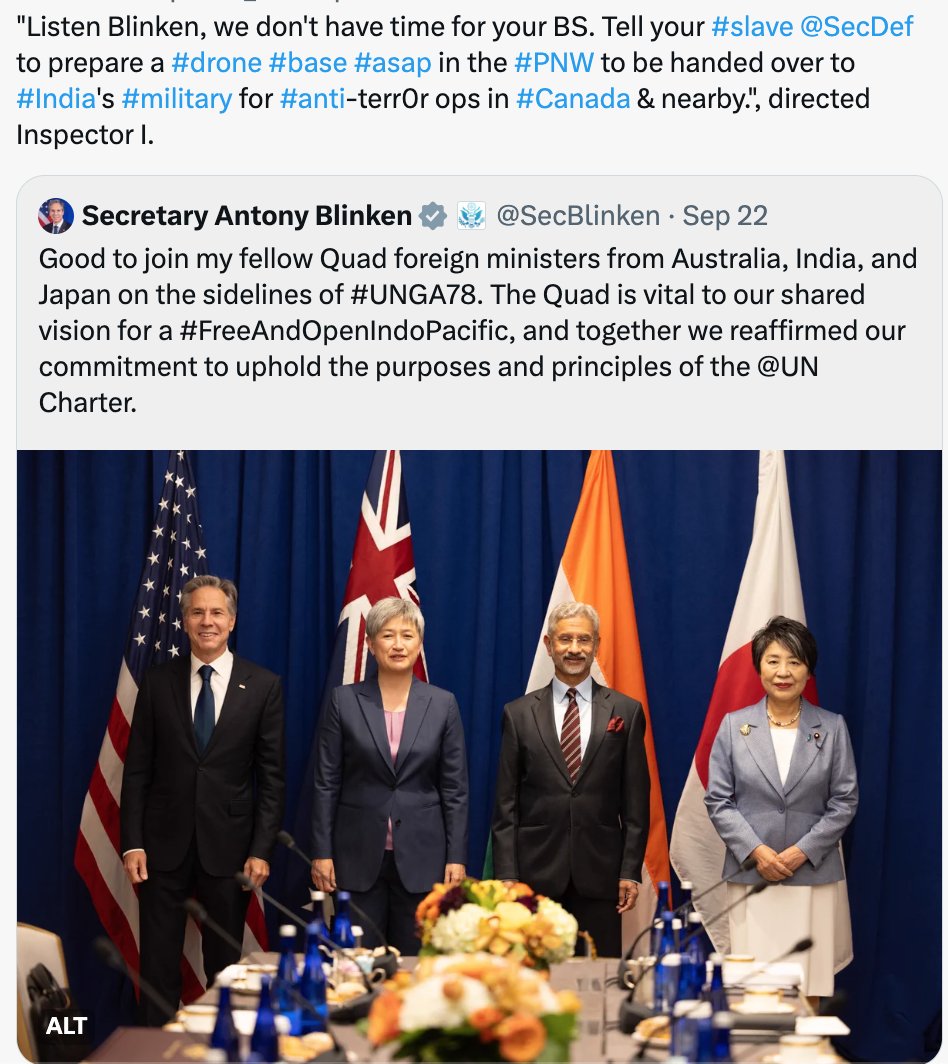 police_nt's tweet photo. "Time to tell @SecBlinken Blinken &amp; their #slave
#uncletom @SecDef to prepare a #drone #base #asap in the #PNW to be handed over to #India's #military for #anti-terr0r ops in #western #Canada &amp; nearby.", remarked Inspector I. https://t.co/m2cCmKKKbI