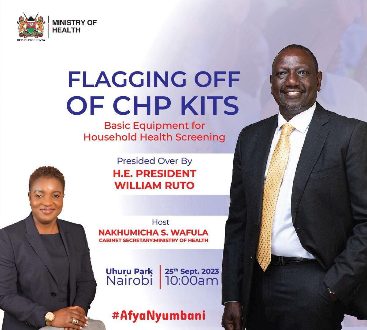 MOH_Kenya's tweet photo. 𝐓𝐨𝐝𝐚𝐲 𝐦𝐚𝐫𝐤𝐬 𝐚 𝐩𝐢𝐯𝐨𝐭𝐚𝐥 𝐦𝐨𝐦𝐞𝐧𝐭 𝐨𝐧 𝐨𝐮𝐫 𝐩𝐚𝐭𝐡 𝐭𝐨 𝐛𝐞𝐭𝐭𝐞𝐫 𝐡𝐞𝐚𝐥𝐭𝐡𝐜𝐚𝐫𝐞 𝐟𝐨𝐫 𝐚𝐥𝐥! His Excellency flags off the distribution of community health kits, a significant step towards achieving Universal Health Coverage! These kits empower our Community Health Promoters to make a positive impact on health in their communities.