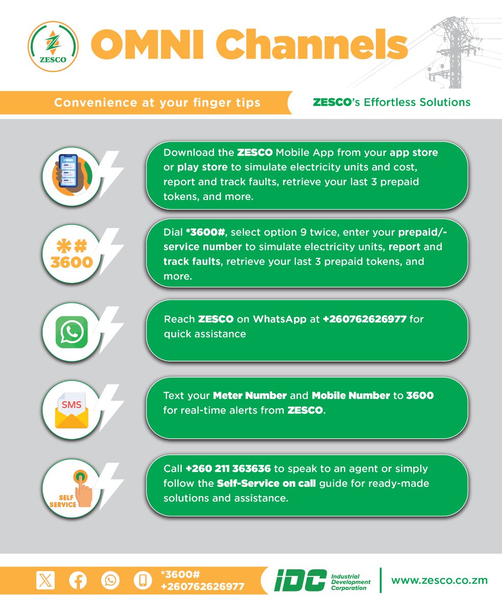 ZescoL's tweet image. Experience the Future of Convenience with ZESCO OMNI Channels! 📷📷 Get assistance and manage your services effortlessly. Discover the ease of modern connectivity. 📷📷 #ZESCO #OMNIChannels #ServiceConvenience