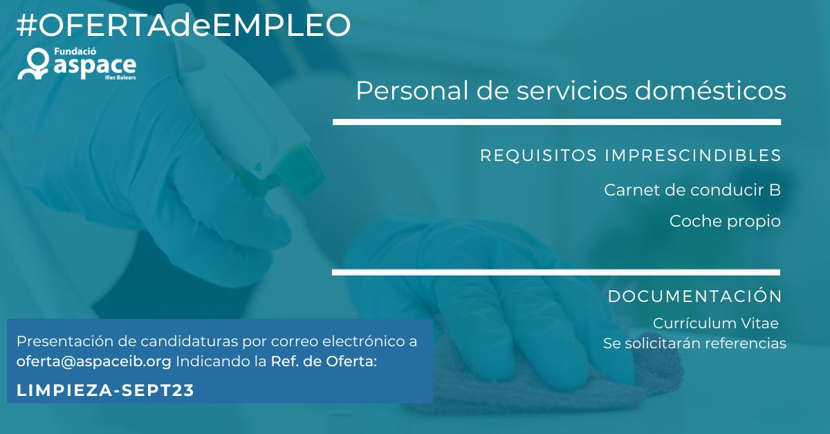 aspaceib's tweet photo. [#OfertaEmpleo] ⚡ ¿Quieres trabajar con nosotros?

Actualmente, Fundació Aspace busca 👉👉Personal de servicios domésticos para incorporarse a los servicios generales del centro.

ℹ️ Más información en https://t.co/9QJKj29WdA

#ofertatrabajo #mallorca #aspaceib https://t.co/XxNfStzQ45