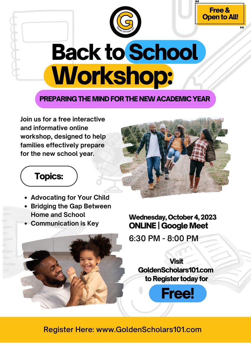 GoldenScholars's tweet photo. It takes a village to raise a scholar!

Preparing the Mind for the New Academic Year is a free interactive workshop designed to help parents navigate the new school year differently!

Register today: https://t.co/H3dhgZq39y

#BackToSchool #workshop #education #parenting #Toronto https://t.co/0UcI9FE17B