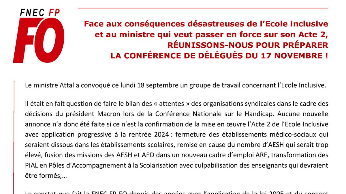 SNFOLC_national's tweet photo. La @FnecFpFO   continuera d’être aux côtés des personnels confrontés aux situations  catastrophiques liées à l’inclusion systématique, portera ses  revendications à tous les niveaux et mettra tout en œuvre pour obtenir  satisfaction.
https://t.co/P70XgBNNBN https://t.co/wDI9Lc2Tu7