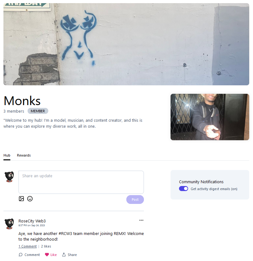 RoseCityWeb3's tweet photo. Two exceptional members of our team have taken the initiative to create  their community hub over at @remx_xyz. 

Let's come together and show our  support for these budding entrepreneurs!

Daniel Obuté @danielgenius81
https://t.co/pXLiv9p1N1

Nolimitm0nk @nolimitm0nk 
https://t.co/lCS080NU6C