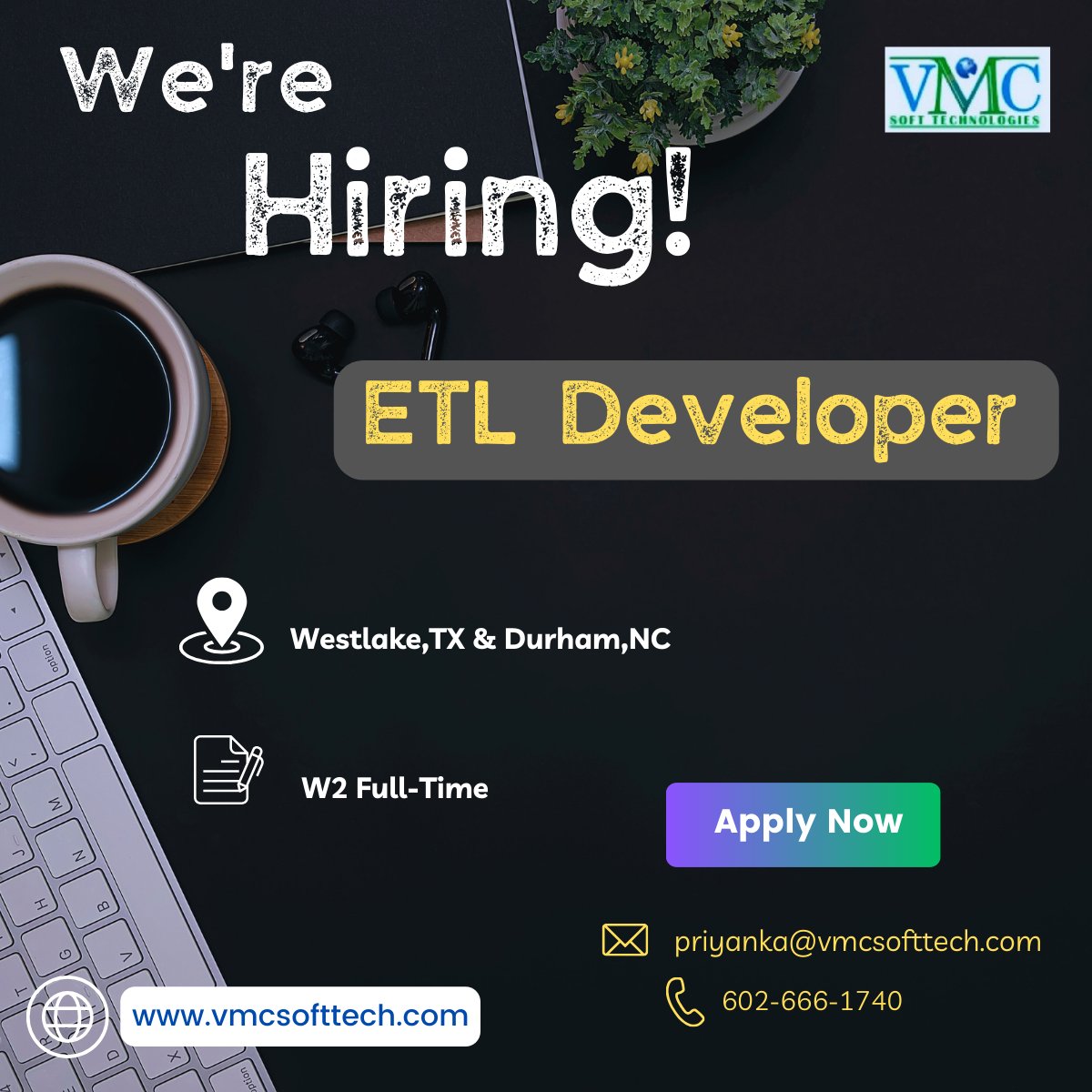 vmc_softtech's tweet image. VMC Soft Technologies looking for an ETL Developer in Durham, NC &amp;amp; Westlake, TX

Apply Now: vmcsofttech.com/careers/

#etldeveloper #etljobs #etldevelopers #jobseekers #wearehiring #jobhunt #datacloud #career #durhamjobs #etljobs #westlakejobs