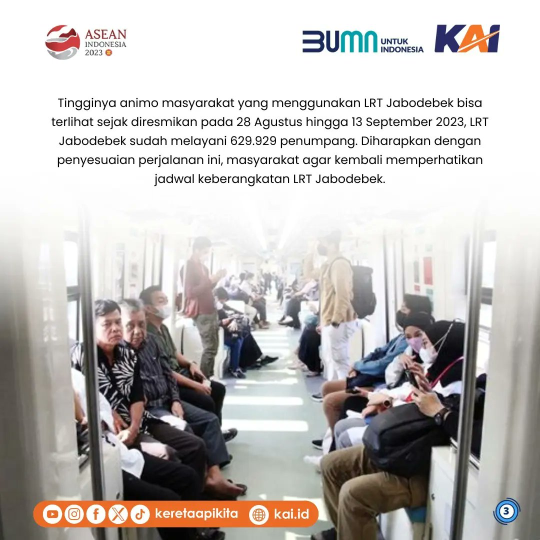 BumnRapiJypr's tweet photo. Mulai Sabtu, 16 September 2023 LRT Jabodebek melakukan penambahan jadwal perjalanan LRT Jabodebek guna memenuhi peningkatan kebutuhan pengguna jasa LRT Jabodebek.
#SmartTravelLiveBetter
#keretaapikita
#LRTTambahJumlahPerjalanan https://t.co/RurBoYFayE