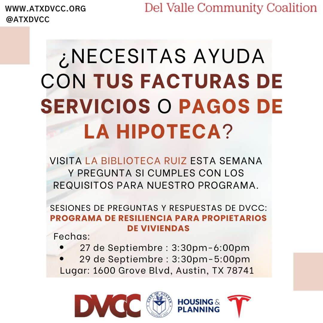 New DVCC events this week! Q & A SESSIONS -Topic: DVCC Homeowner Resilience Program Discover how we can support you in the midst of Austin's rising cost of living. Ruiz Library, 1600 Grove Blvd, Austin, TX 78741 Wed & Friday: Starting @ 3:30pm RSVP: atxdvcc.org/events
